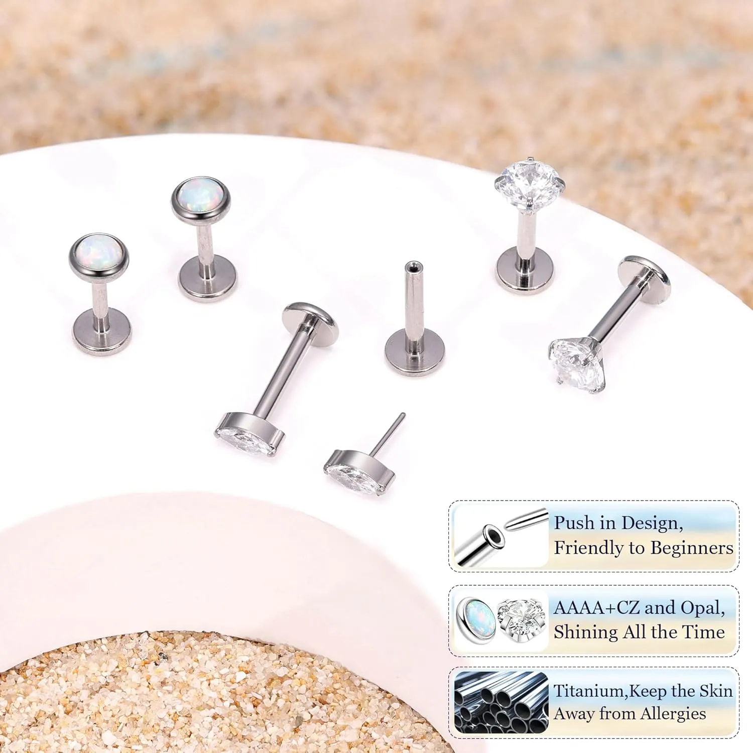 3Pairs 16G 18G Titanium Stud Earrings for Women - Push in Cartilage Helix Tragus Studs - CZ Opal Flat Back - Lip Labret Monroe Nostril - Party, Christmas, Graduation, Beach