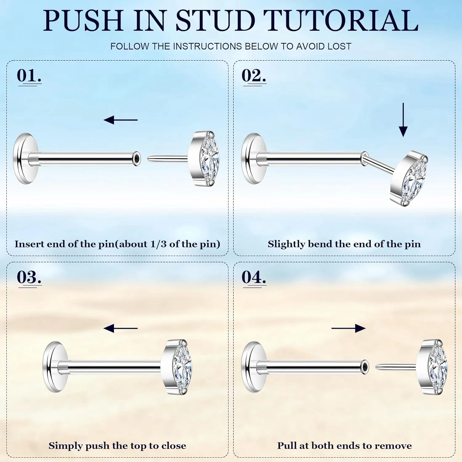 3Pairs 16G 18G Titanium Stud Earrings for Women - Push in Cartilage Helix Tragus Studs - CZ Opal Flat Back - Lip Labret Monroe Nostril - Party, Christmas, Graduation, Beach