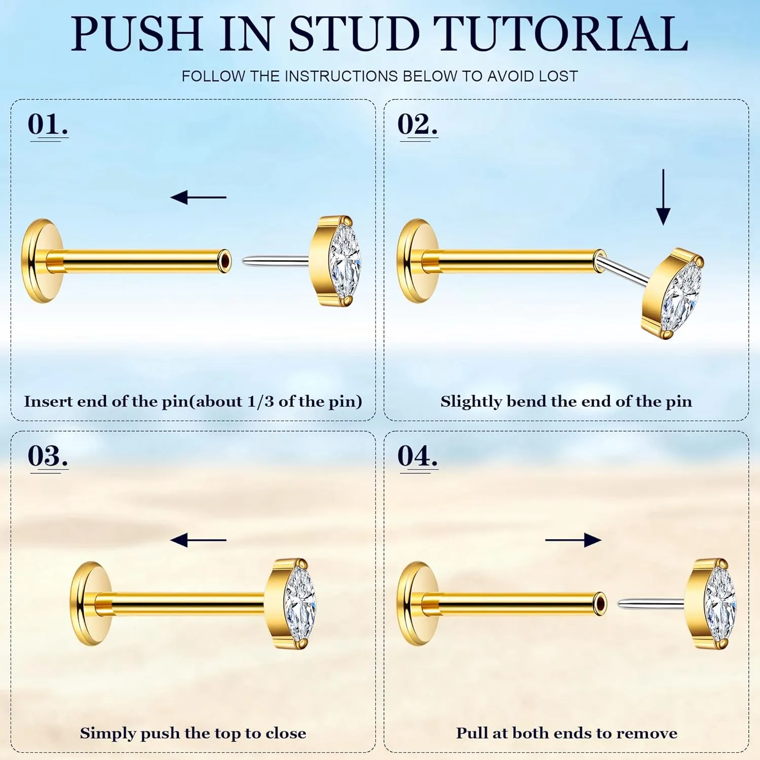 3Pairs 16G 18G Titanium Stud Earrings for Women - Push in Cartilage Helix Tragus Studs - CZ Opal Flat Back - Lip Labret Monroe Nostril - Party, Christmas, Graduation, Beach