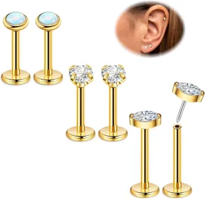 3Pairs 16G 18G Titanium Stud Earrings for Women - Push in Cartilage Helix Tragus Studs - CZ Opal Flat Back - Lip Labret Monroe Nostril - Party, Christmas, Graduation, Beach