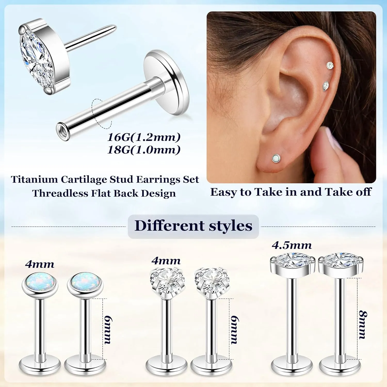 3Pairs 16G 18G Titanium Stud Earrings for Women - Push in Cartilage Helix Tragus Studs - CZ Opal Flat Back - Lip Labret Monroe Nostril - Party, Christmas, Graduation, Beach