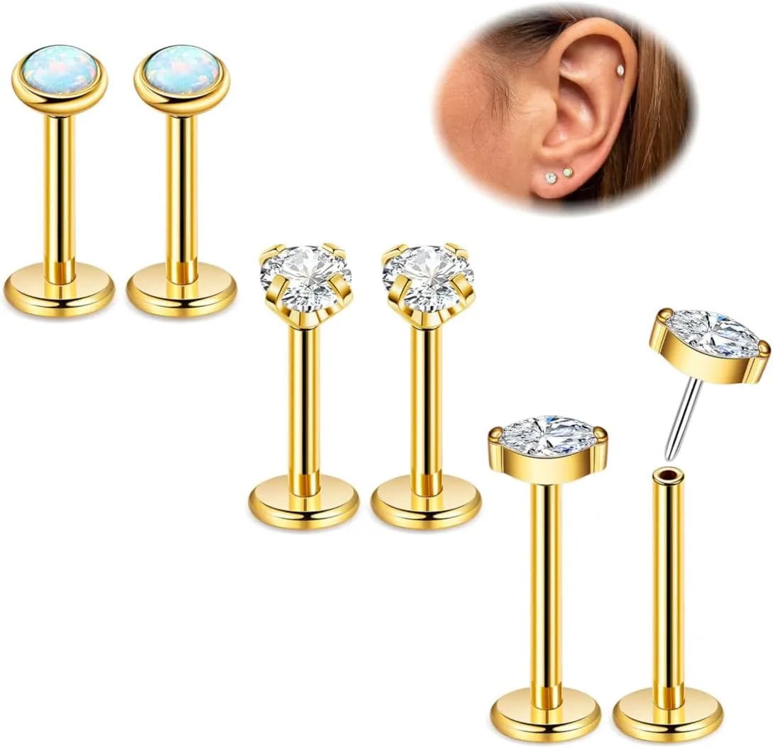 3Pairs 16G 18G Titanium Stud Earrings for Women - Push in Cartilage Helix Tragus Studs - CZ Opal Flat Back - Lip Labret Monroe Nostril - Party, Christmas, Graduation, Beach