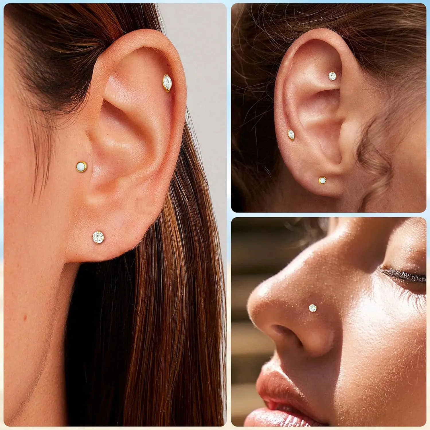 3Pairs 16G 18G Titanium Stud Earrings for Women - Push in Cartilage Helix Tragus Studs - CZ Opal Flat Back - Lip Labret Monroe Nostril - Party, Christmas, Graduation, Beach