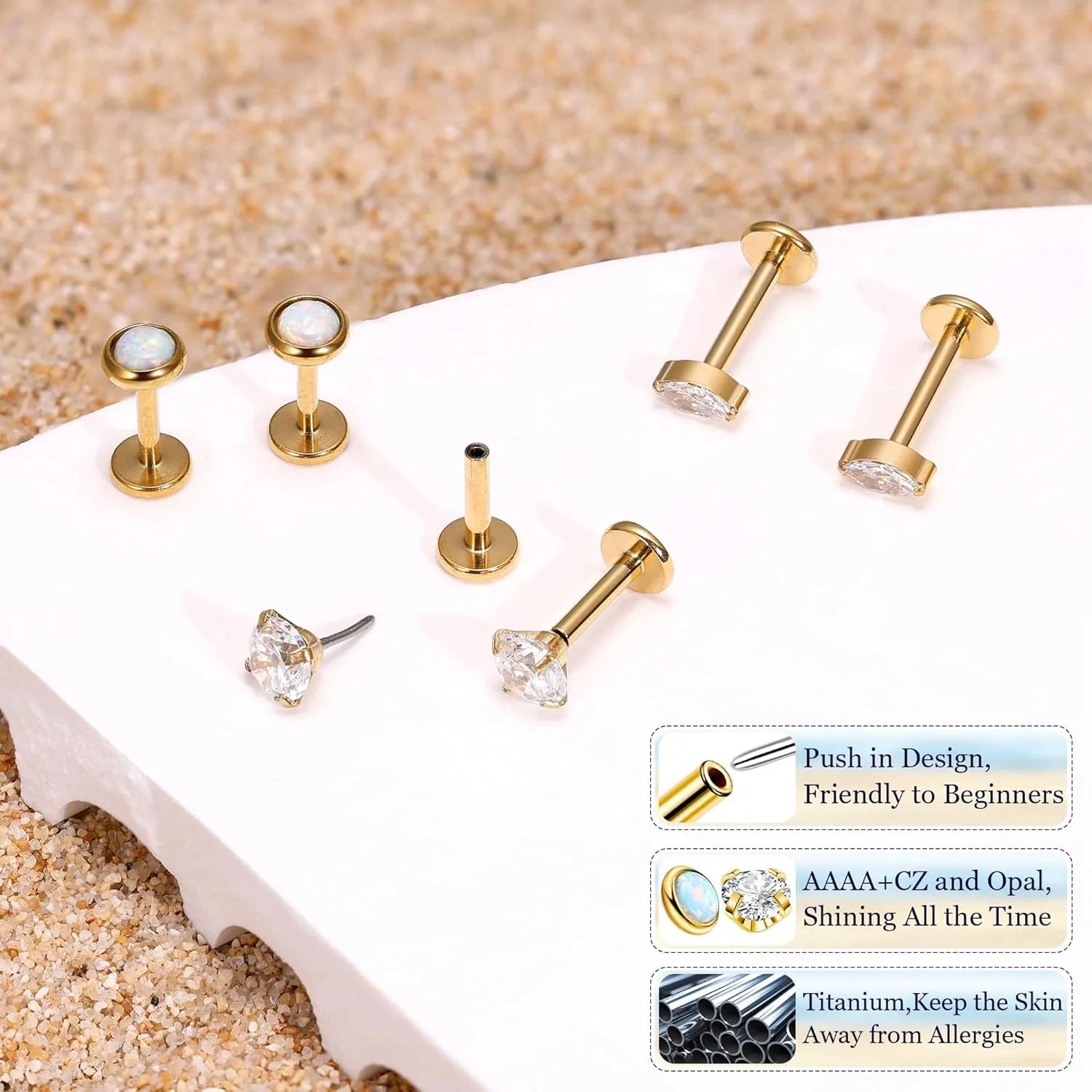 3Pairs 16G 18G Titanium Stud Earrings for Women - Push in Cartilage Helix Tragus Studs - CZ Opal Flat Back - Lip Labret Monroe Nostril - Party, Christmas, Graduation, Beach