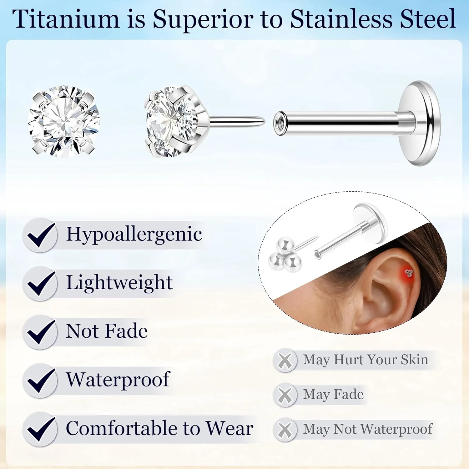 3Pairs 16G 18G Titanium Stud Earrings for Women - Push in Cartilage Helix Tragus Studs - CZ Opal Flat Back - Lip Labret Monroe Nostril - Party, Christmas, Graduation, Beach