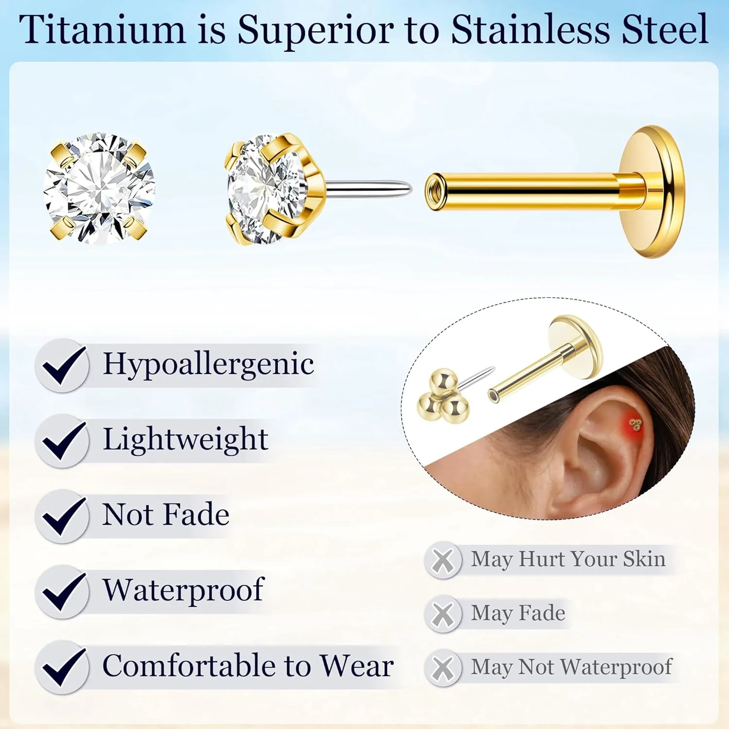 3Pairs 16G 18G Titanium Stud Earrings for Women - Push in Cartilage Helix Tragus Studs - CZ Opal Flat Back - Lip Labret Monroe Nostril - Party, Christmas, Graduation, Beach