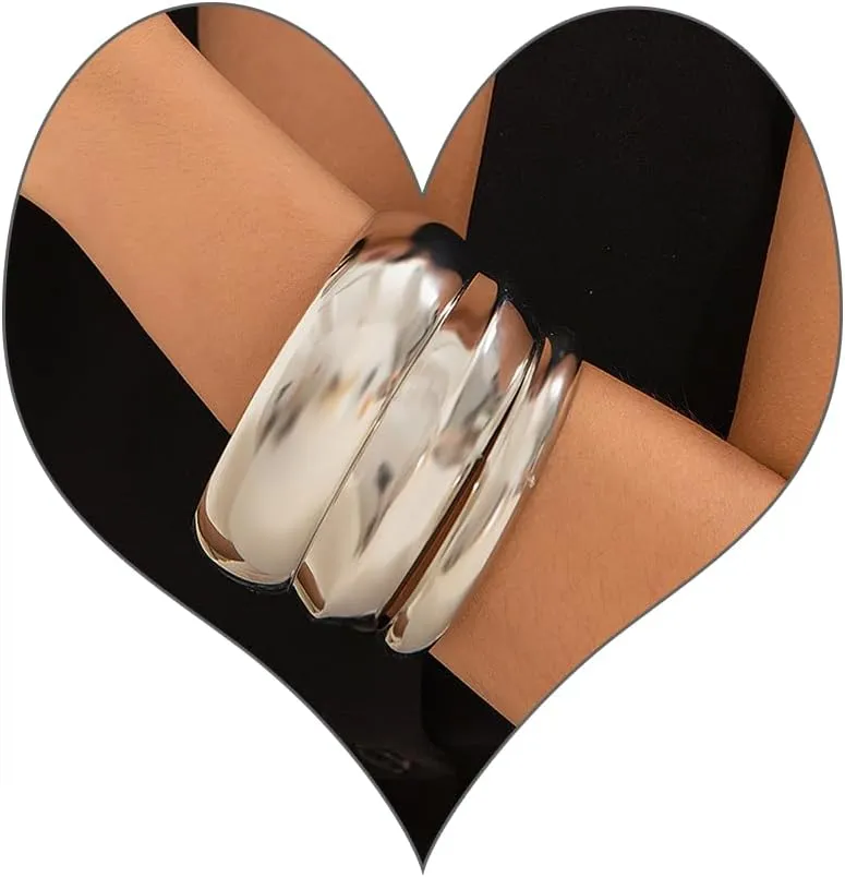 3PCS Chunky Gold Silver Bangle Braclets for Women,Fashion Wide Rounded Closed Stackable Statement Bangle Trendy Minimalist Statement Jewelry