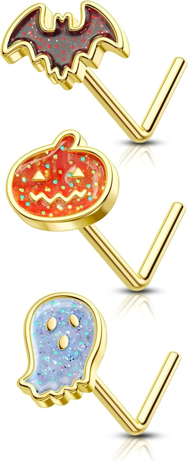 3PCS Halloween Nose Rings Studs for Women 20G Gold Nose Studs L Shaped Stainless Steel Nose Piercing Jewelry