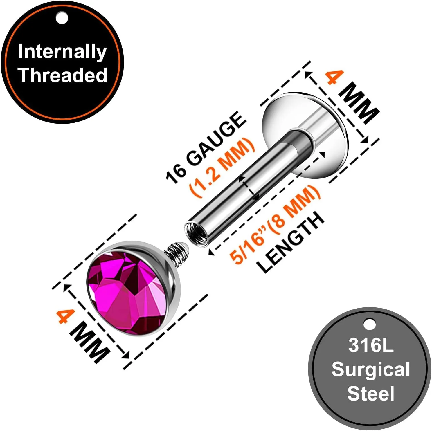 3PCS Surgical Steel Internally Threaded Labret Studs 16g 1.2mm Crystal Monroe Earrings Piercing Jewelry Pick Size and Color