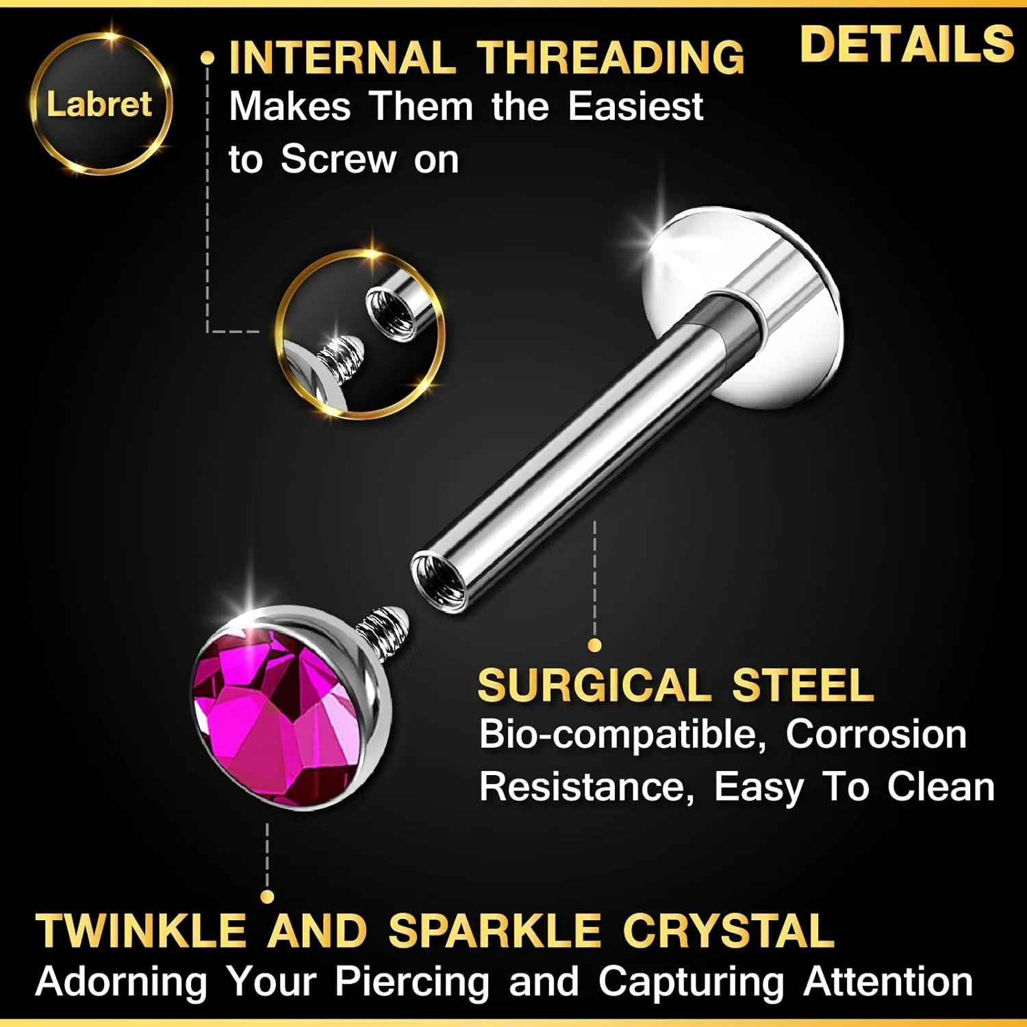 3PCS Surgical Steel Internally Threaded Labret Studs 16g 1.2mm Crystal Monroe Earrings Piercing Jewelry Pick Size and Color
