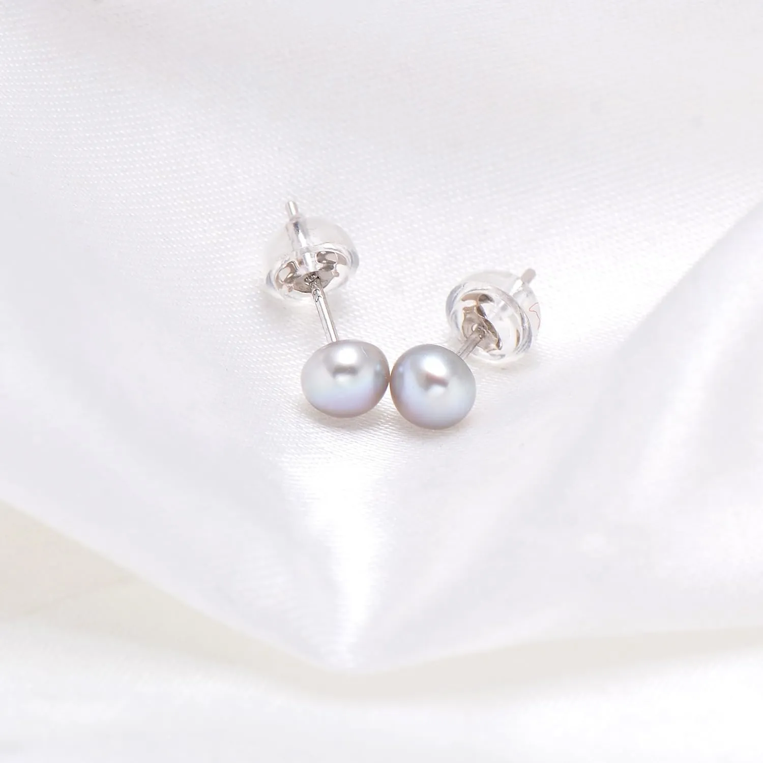 4-5 MM Freshwater Cultured Grey Button Pearls Stud Earrings, Sterling Silver Posts