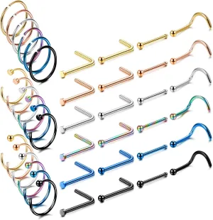 42Pcs 20G Nose Rings Hoops 316L Stainless Steel Nose Studs for Women Bone L Nose Ring Set Corkscrew Nose Rings Studs Nose Piercing Jewelry Silver Rose Gold Black Rainbow