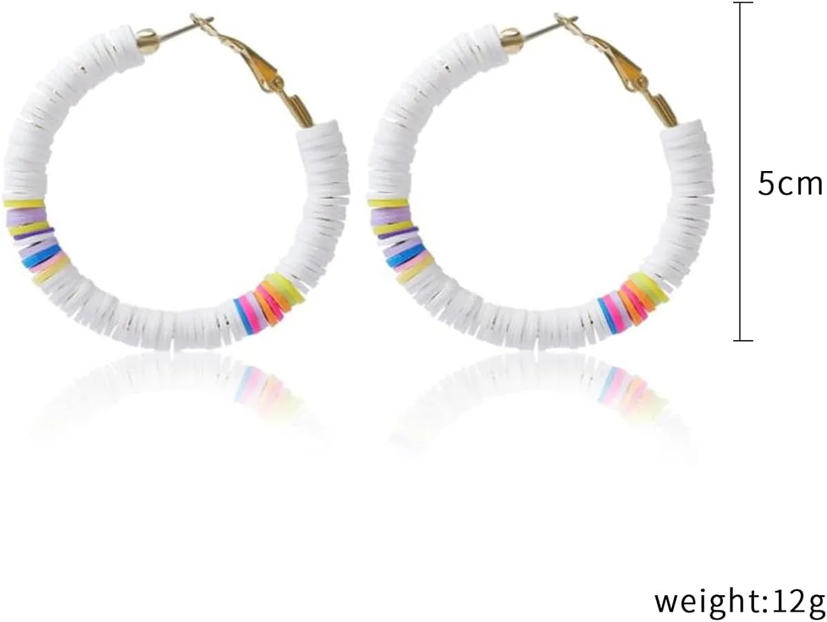 4Pairs Rainbow Clay Beaded Hoop Earrings Handmade African Vinyl Disc Beads Earrings Boho Colorful Soft Polymer Clay Loop Earrings Summer Surfer Jewelry for Women Vaction
