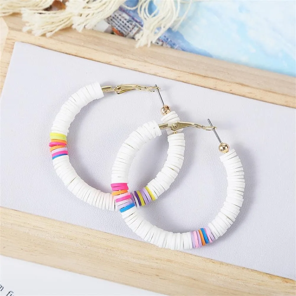 4Pairs Rainbow Clay Beaded Hoop Earrings Handmade African Vinyl Disc Beads Earrings Boho Colorful Soft Polymer Clay Loop Earrings Summer Surfer Jewelry for Women Vaction