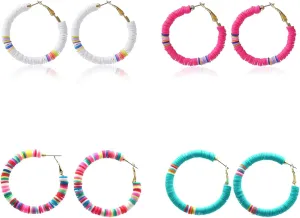 4Pairs Rainbow Clay Beaded Hoop Earrings Handmade African Vinyl Disc Beads Earrings Boho Colorful Soft Polymer Clay Loop Earrings Summer Surfer Jewelry for Women Vaction