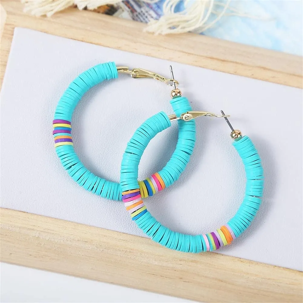 4Pairs Rainbow Clay Beaded Hoop Earrings Handmade African Vinyl Disc Beads Earrings Boho Colorful Soft Polymer Clay Loop Earrings Summer Surfer Jewelry for Women Vaction