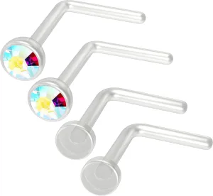4pc 20g 0.8mm Nose Rings L-Shaped Nose Ring Bioflex Clear Cute Flexible Bend Shape Studs Nostril Piercing 2.5mm Crystal Retainers