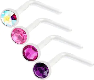 4pcs 20g 0.8mm L Nose Studs Flexible Acrylic Nostril Screw Rings Piercing 2.5mm Crystal BOAM Pick Color