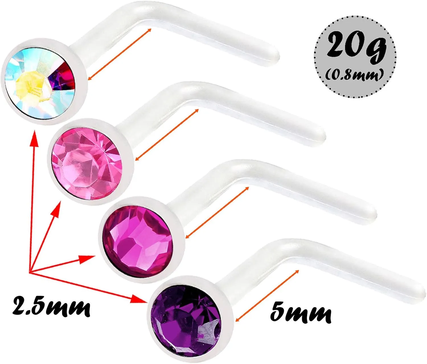 4pcs 20g 0.8mm L Nose Studs Flexible Acrylic Nostril Screw Rings Piercing 2.5mm Crystal BOAM Pick Color