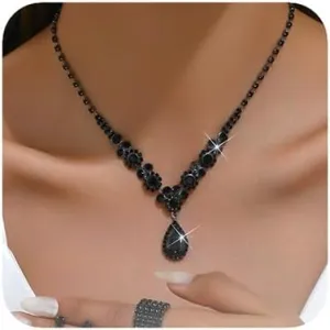 4Pcs Boho Fashion Prom Shinny Black Rhinestones Choker Necklace Earrings Bracelet Set Dainty Layered Sexy Body Chain Choker Necklace Luxury Black Halloween Christmas Necklace for Women