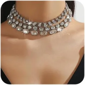 4Tier Boho Fashion Prom Big Shinny Rhinestones Choker Necklace Dainty Layered Sexy Bride Wedding Bar Necklace Halloween Christmas Rhinestones Necklace for Women