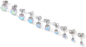 5 Pairs of Surgical Stainless Steel Aurora Borealis Crystal CZ Stud Earrings 3,4,5,6, & 7mm