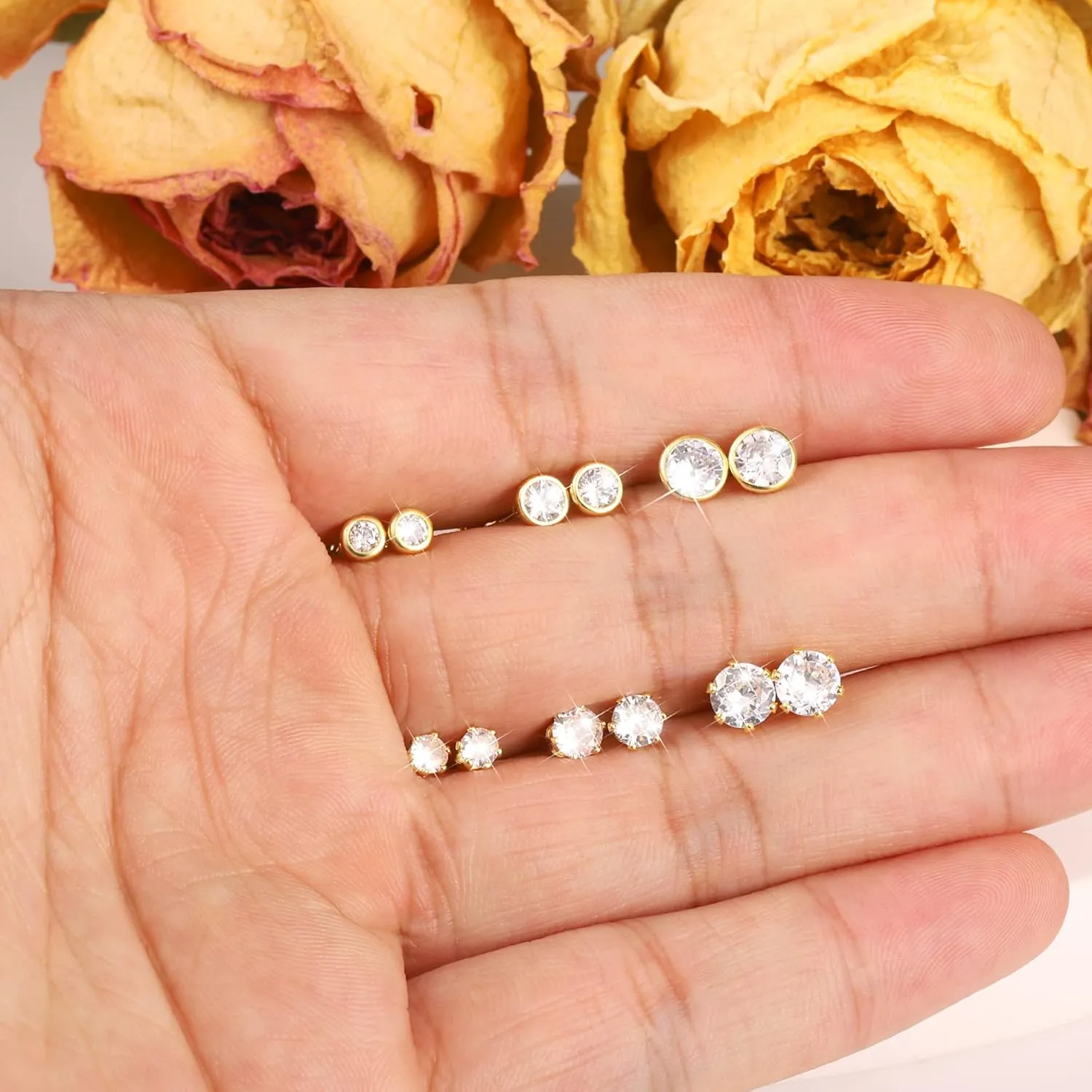 6 Pairs Stud Earrings Cubic Zirconia Earrings Studs Set 14K Gold Plated Sterling Silver Post Hypoallergenic Stud Earrings for Women Girls
