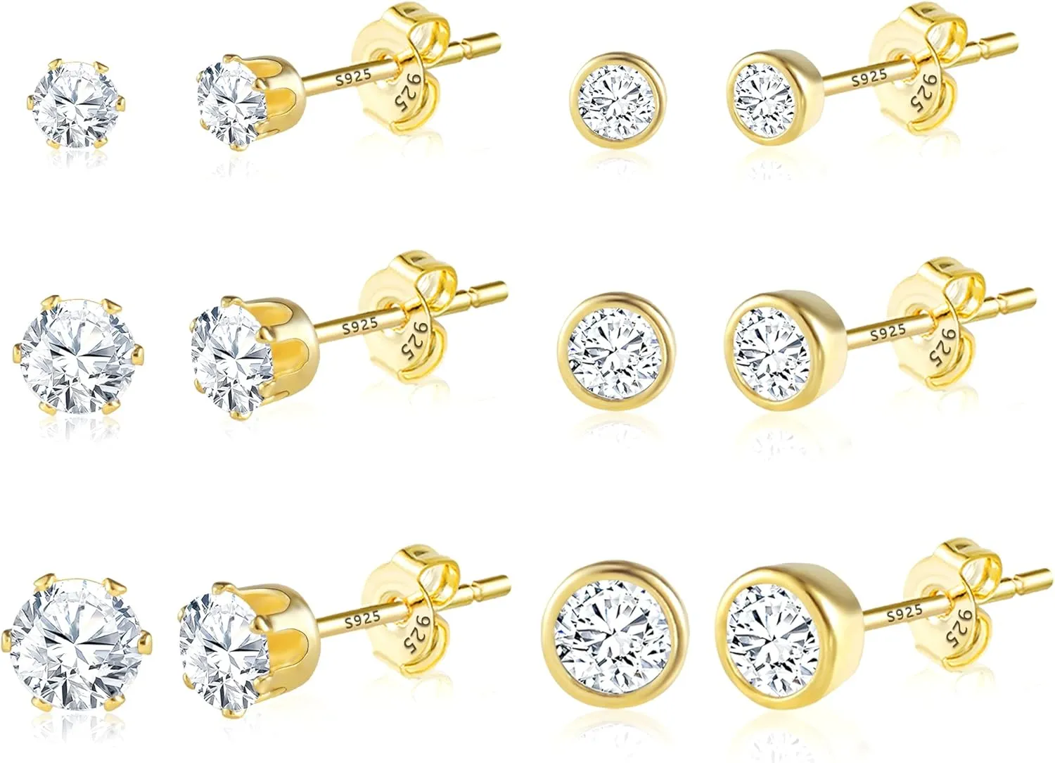6 Pairs Stud Earrings Cubic Zirconia Earrings Studs Set 14K Gold Plated Sterling Silver Post Hypoallergenic Stud Earrings for Women Girls