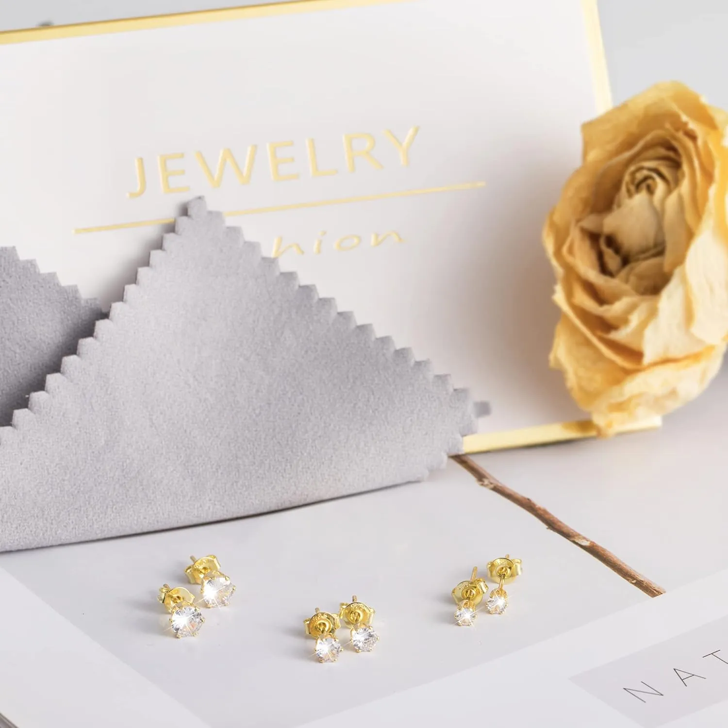 6 Pairs Stud Earrings Cubic Zirconia Earrings Studs Set 14K Gold Plated Sterling Silver Post Hypoallergenic Stud Earrings for Women Girls