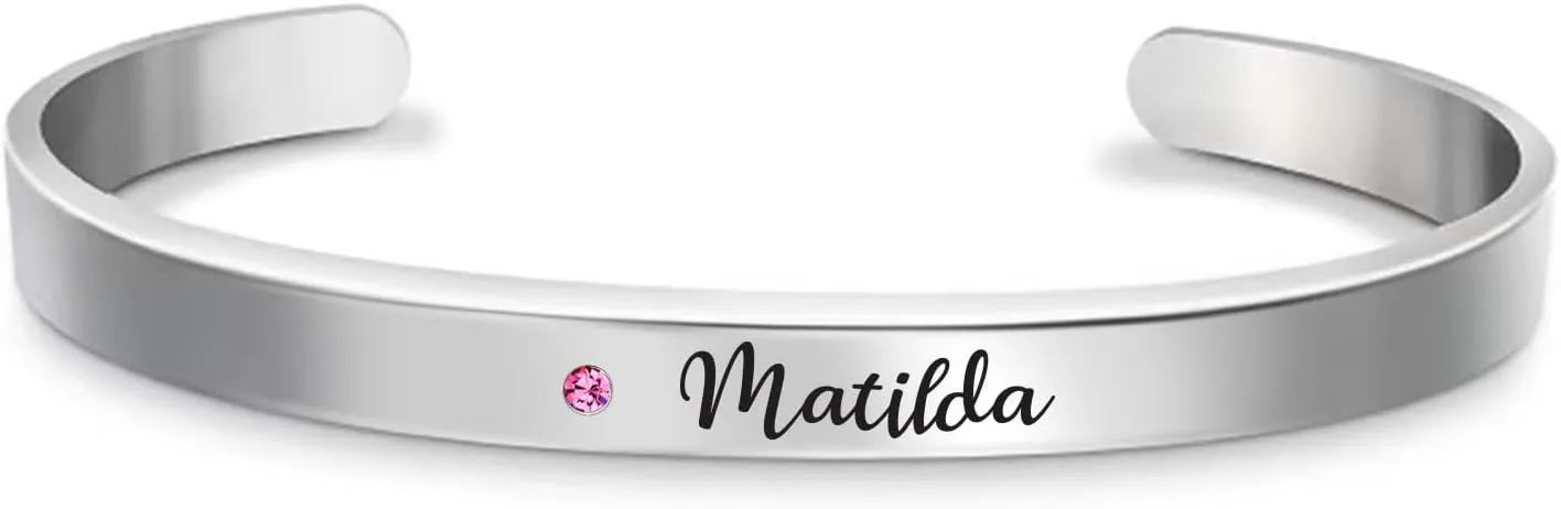 6mm Personalized Birthstone Cuff Bracelets Custom Name Inspirational Bangle Bracelet Engraved Memory Jewelry Customized Gifts for Women, 166mm, Silver