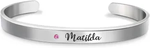 6mm Personalized Birthstone Cuff Bracelets Custom Name Inspirational Bangle Bracelet Engraved Memory Jewelry Customized Gifts for Women, 166mm, Silver