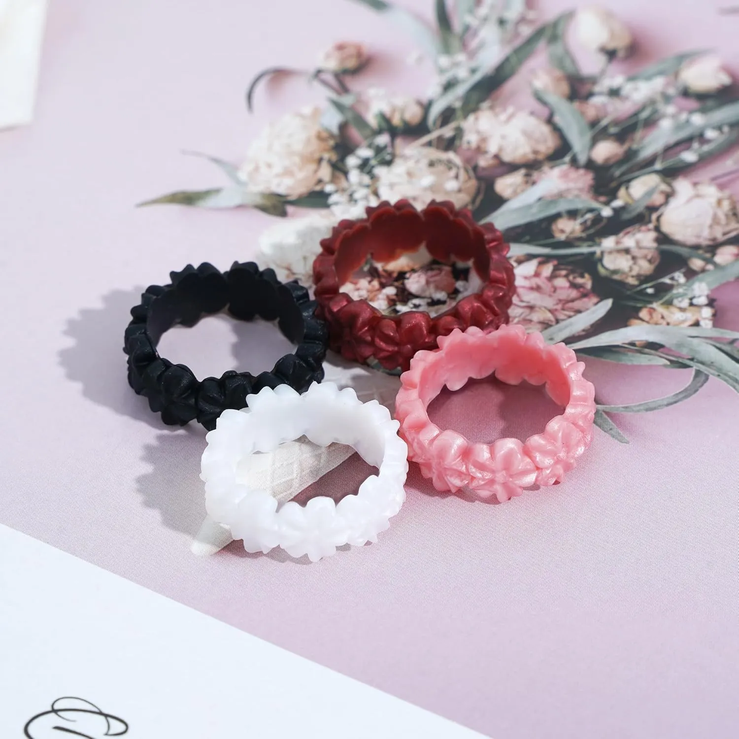 7/4 Packs Silicone Rings for Women  Soft and Pretty. Comfortable, Breathable, Stackable Rings. Lightweight Rubber Womens Engagement Ring & Wedding Band. Lucky Flower Collection