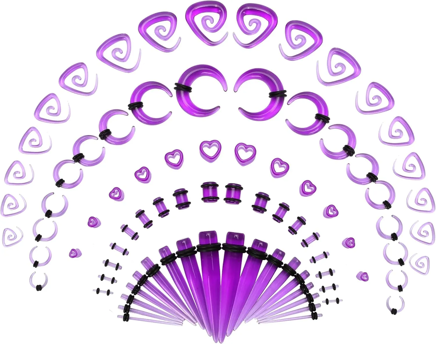 84PCS Ear Stretching Kit, Acrylic Lightweight Heart Tunnels, Horseshoes Tapers, Spiral Ear Plugs Septum Pincher for Starter Expanders, Body Piercing Jewelry Earring Gauges Gauging Set for Women, Men (14G-00G,Purple)