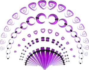 84PCS Ear Stretching Kit, Acrylic Lightweight Heart Tunnels, Horseshoes Tapers, Spiral Ear Plugs Septum Pincher for Starter Expanders, Body Piercing Jewelry Earring Gauges Gauging Set for Women, Men (14G-00G,Purple)