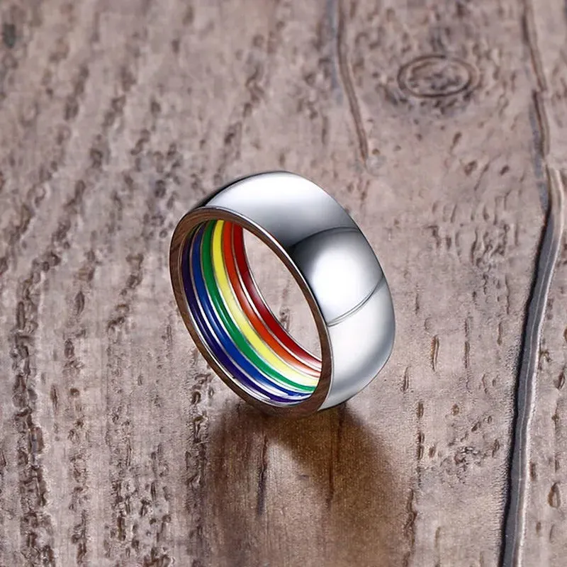 8mm Silver Stainless Steel Rainbow Enamel Wedding Engagement Promise Band Ring
