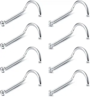 8Pcs 20G Sterling Silver Nose Studs CZ Ball Nose Rings For Women Men Screw Nose Studs Rings Set Nose Piercing Jewelry