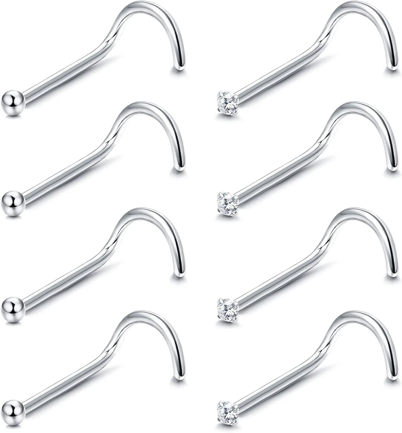 8Pcs 20G Sterling Silver Nose Studs CZ Ball Nose Rings For Women Men Screw Nose Studs Rings Set Nose Piercing Jewelry