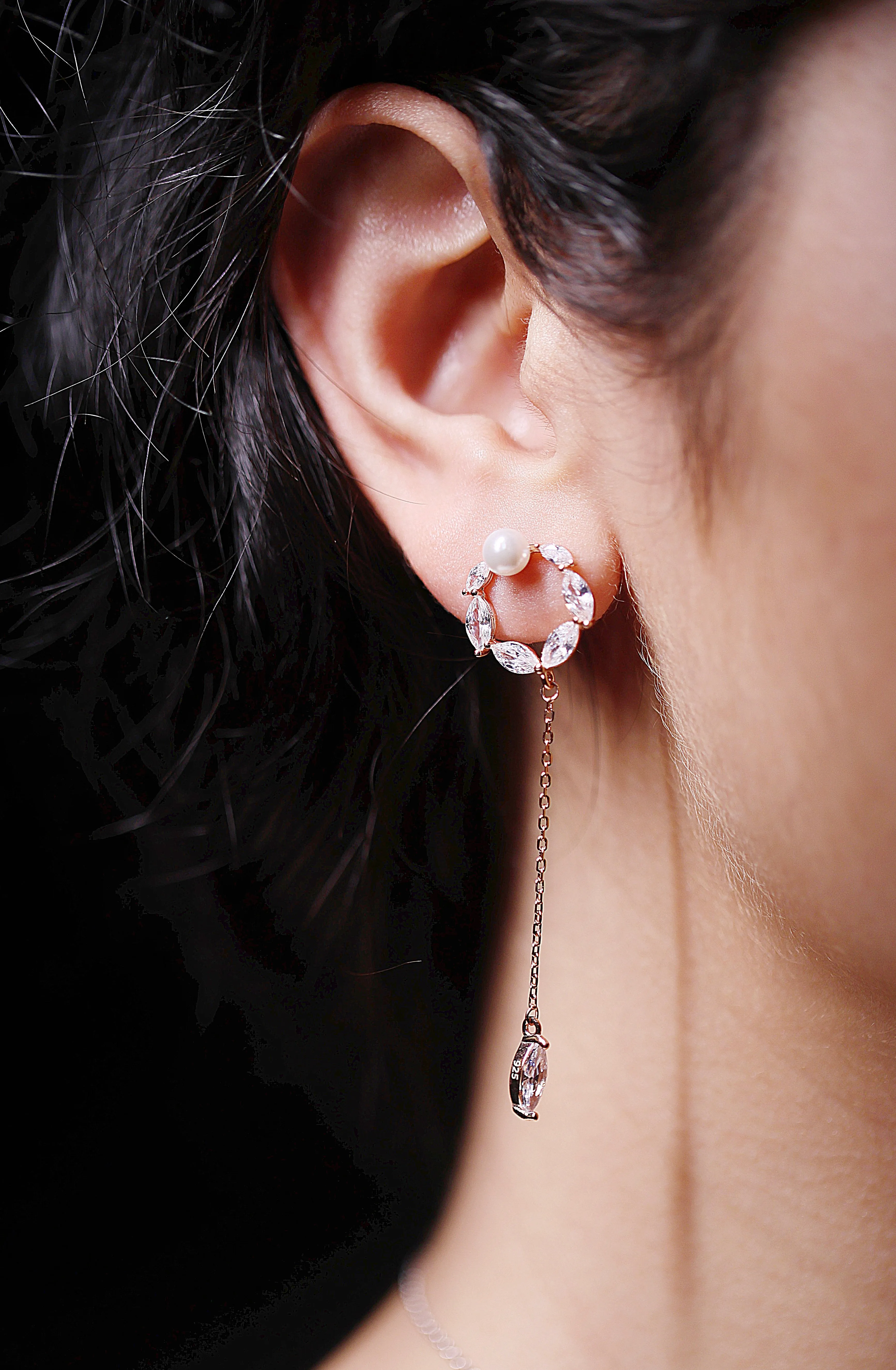 92.5 Silver Stone and pearl rose gold dangle earrings