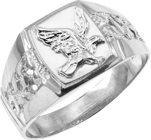 .925 Sterling Silver 1/2" Mens American Patriotic Eagle Square Face Tapered Nugget Style Band Statement Ring