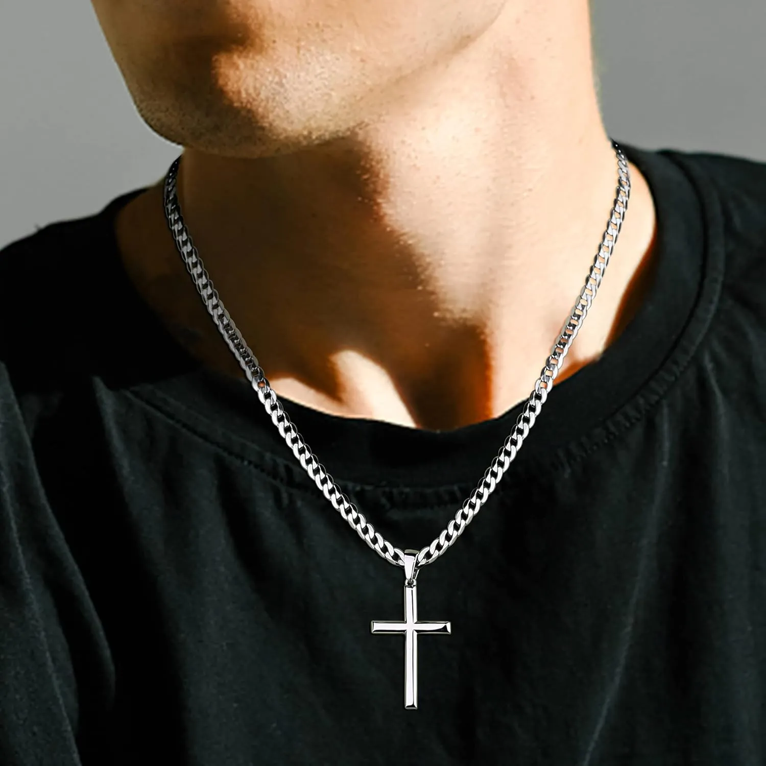925 Sterling Silver Cross Necklace for Men Women 5mm Stainless Steel Cuban Link Chain for Men Polished Silver Cross Pendant Chain Necklace Diamond-Cut Durable Mens Jewelry Gift 16-28 Inches