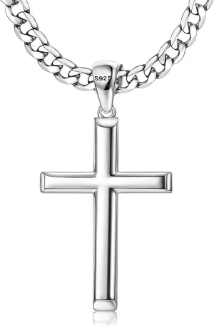925 Sterling Silver Cross Necklace for Men Women 5mm Stainless Steel Cuban Link Chain for Men Polished Silver Cross Pendant Chain Necklace Diamond-Cut Durable Mens Jewelry Gift 16-28 Inches