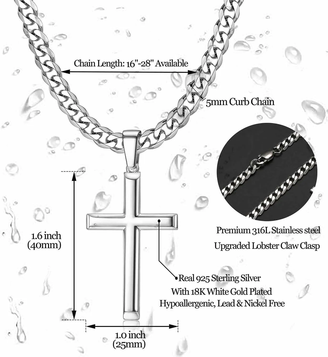 925 Sterling Silver Cross Necklace for Men Women 5mm Stainless Steel Cuban Link Chain for Men Polished Silver Cross Pendant Chain Necklace Diamond-Cut Durable Mens Jewelry Gift 16-28 Inches