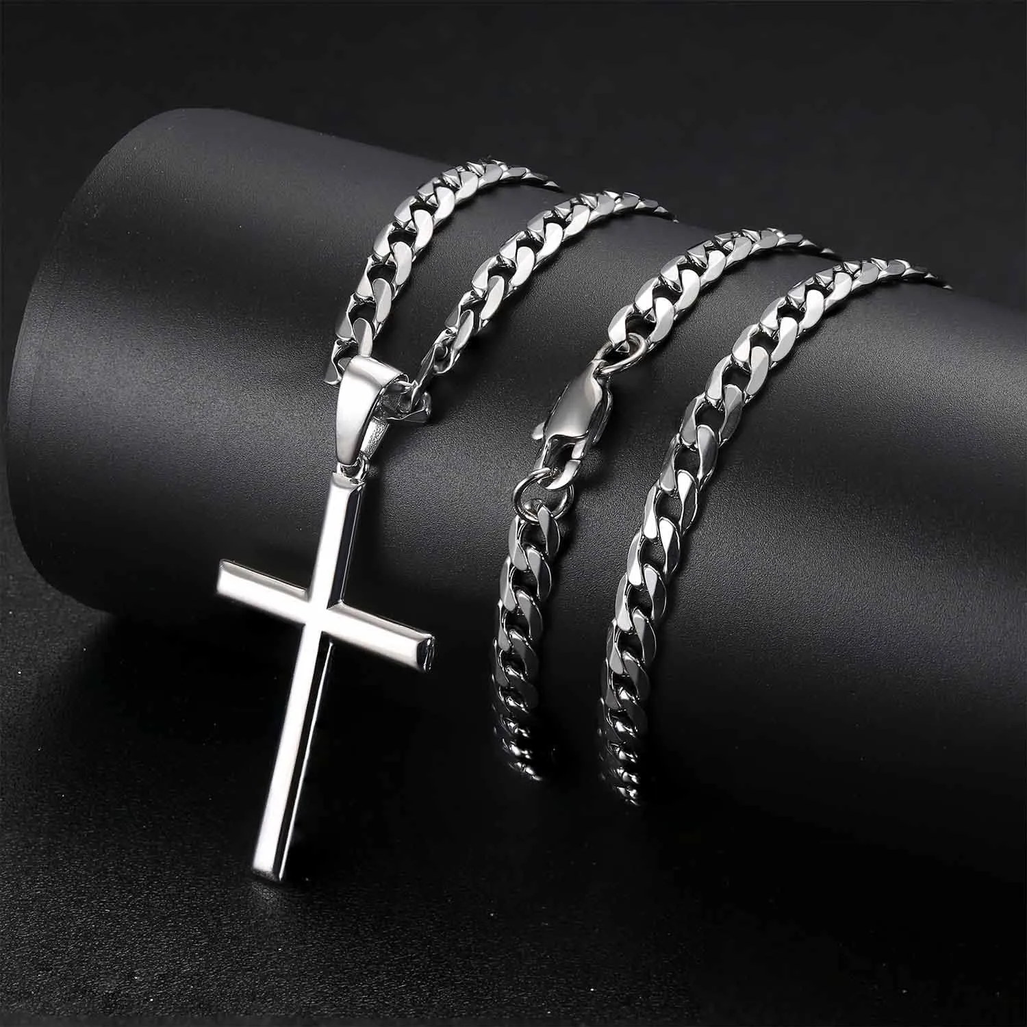 925 Sterling Silver Cross Necklace for Men Women 5mm Stainless Steel Cuban Link Chain for Men Polished Silver Cross Pendant Chain Necklace Diamond-Cut Durable Mens Jewelry Gift 16-28 Inches