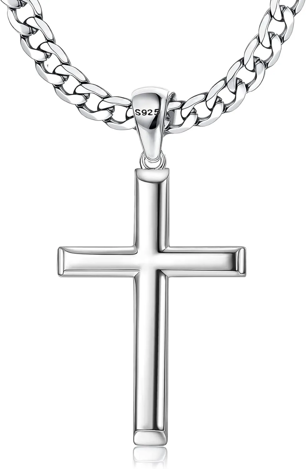 925 Sterling Silver Cross Necklace for Men Women 5mm Stainless Steel Cuban Link Chain for Men Polished Silver Cross Pendant Chain Necklace Diamond-Cut Durable Mens Jewelry Gift 16-28 Inches