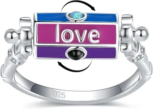 925-Sterling-Silver Fidget Anxiety-Relief Ring for Women - Color-Changing Spinner Rings with Turquoise-Opal-Obsidian and Engraved Messages "Love, Faith, Hope" Jewelry Gift for Her