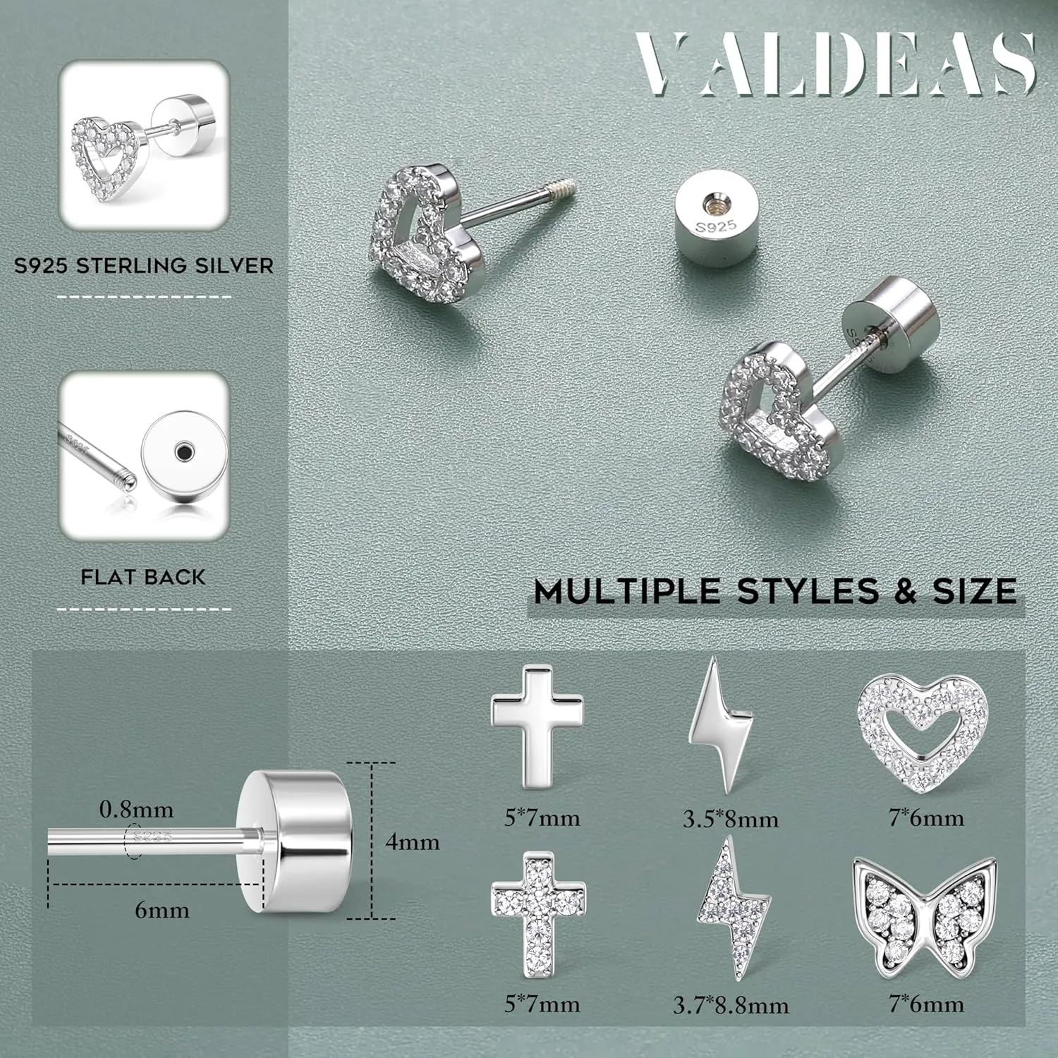 925 Sterling Silver Flat Back Studs Screw Back Earrings White Gold Plated CZ Heart Cross Lightning Snake Butterfly Tragus Helix Nap Flatback Stud Earrings Piercing Earring for Women