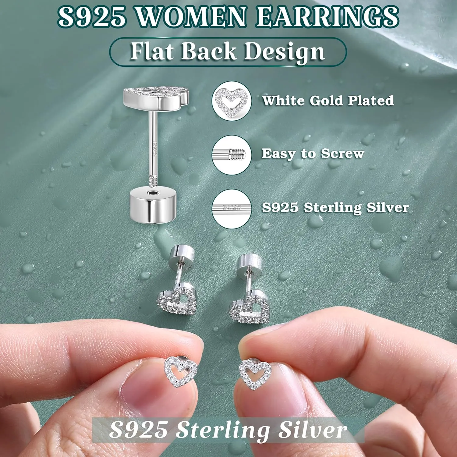 925 Sterling Silver Flat Back Studs Screw Back Earrings White Gold Plated CZ Heart Cross Lightning Snake Butterfly Tragus Helix Nap Flatback Stud Earrings Piercing Earring for Women