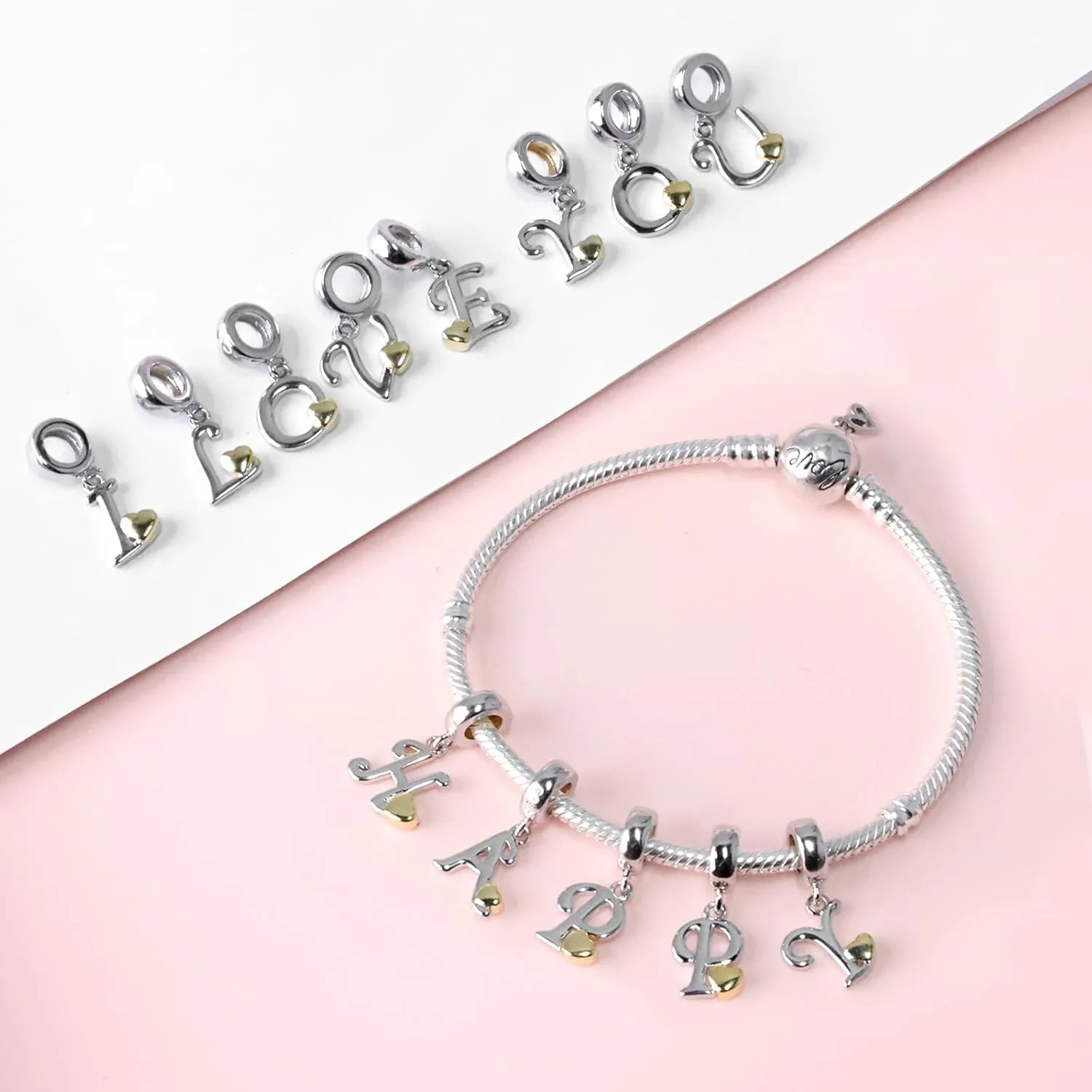 925 Sterling Silver Initial Letter Charms for Bracelets and Necklace Alphabet with Gold Love Heart Dangle Pendant Charms for Women Girls