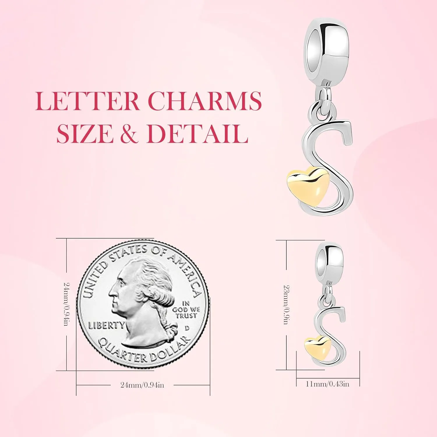 925 Sterling Silver Initial Letter Charms for Bracelets and Necklace Alphabet with Gold Love Heart Dangle Pendant Charms for Women Girls