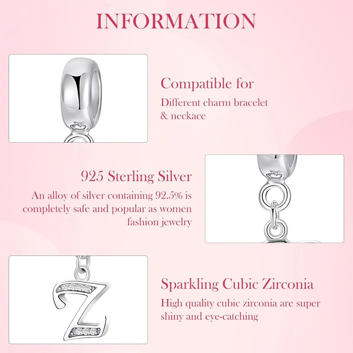 925 Sterling Silver Initial Letter Charms for Bracelets and Necklace Cubic Zirconia Alphabet Dangle Pendant Charms for Women Girls